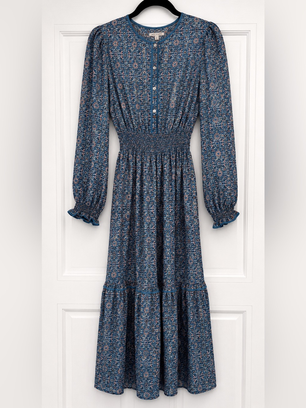 Max Studio Blue Floral Smocked Waist Maxi Dress XS Boho Long Sleeve